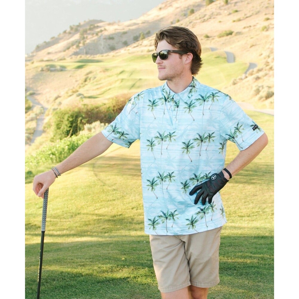 Yatta Mens XL Golf Polo Makani Olu Olu Performance Stretch Wicking Palm Tree